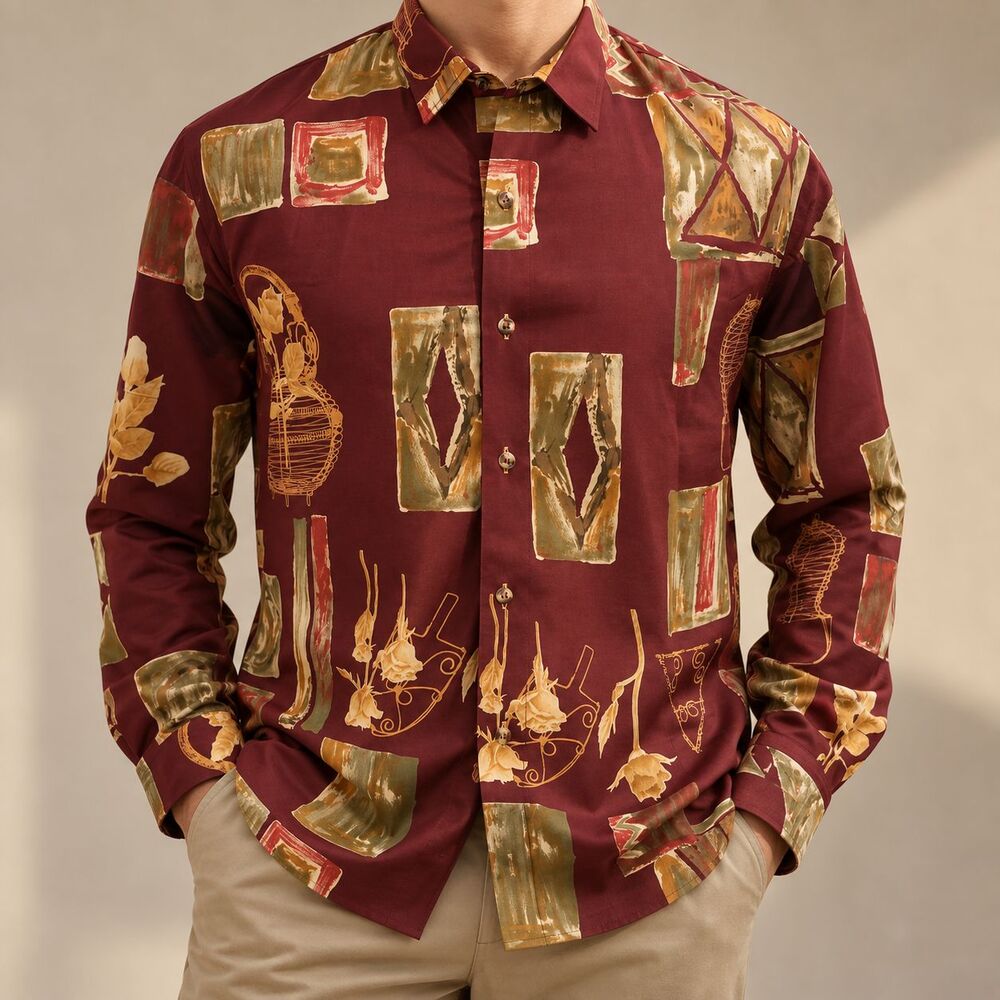 Mens Large Silky Burgundy Abstract Art Print Shirt Retro Long Sleeve Button Up
